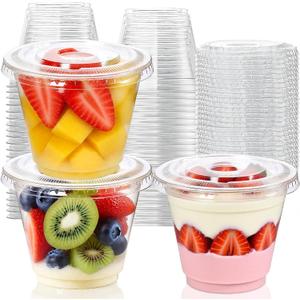 50 Packs 9oz Disposable Dessert Cups with Lids No Hole, Clear Plastic Cups with Lids for Ice Cream, Cake, Snacks, Fruit, Cold Drinks, Smoothie, Pudding, Salad