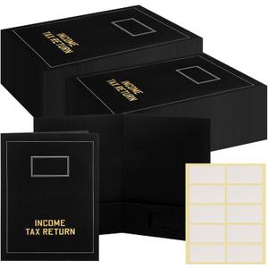 Kisston 50 Pcs Tax Return Folders Bulk 2 Pocket Gold Foil Stamped Income Tax Folders with Labels Business File Office Blank Organizer (Black)