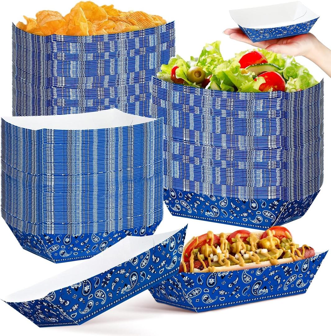 Gejoy 120 Pcs Western Party Plates 1 lb Cowboy Plates Bulk Bandana Paper Food Trays for Rodeo Cholo Party 250th Anniversary Decorations(Blue)