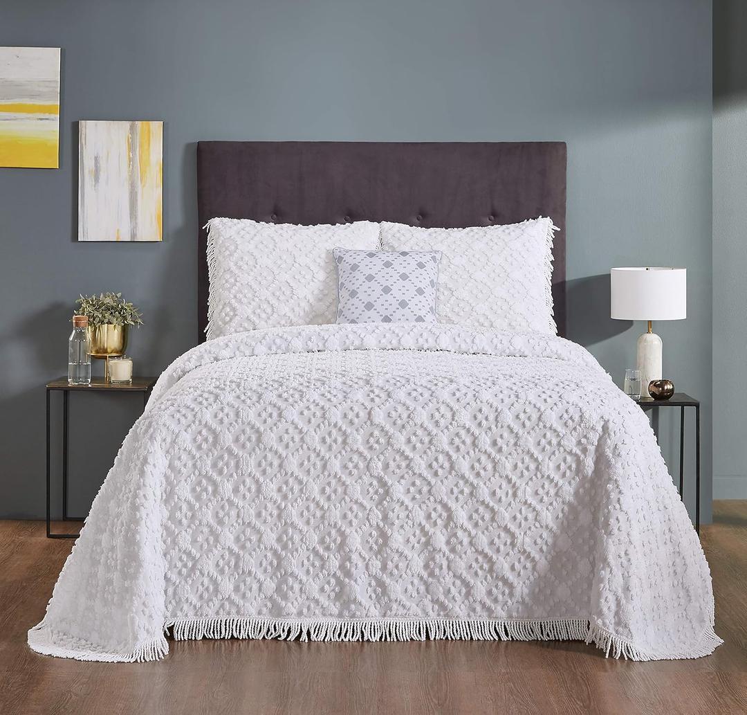 Better Trends 4 Pieces Set Chenille Bedspread Queen Size 100% Cotton Chenille Bedding Lightweight Bedding Geometric & Diamond Bedroom Decor White Charleston Collection
