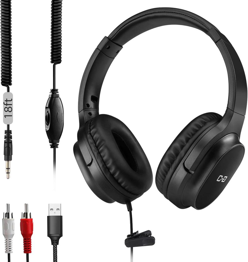 18 Ft / 5.5M Extra Long Cord Headphones for TV & PC with Volume Control, Extension Spring Coiled Cord, 3.5mm AUX with USB & RCA Adapter, Over-Ear Headphone for Smart & Old TVs