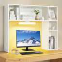 3 Tier Desktop Bookshelf with Rechargeable Eye-Friendly LED Desk Light, Desk Hutch Organizer with 5 Shelves, Wooden Desk Bookshelf for Office, Dorm and Small Space, White, Large