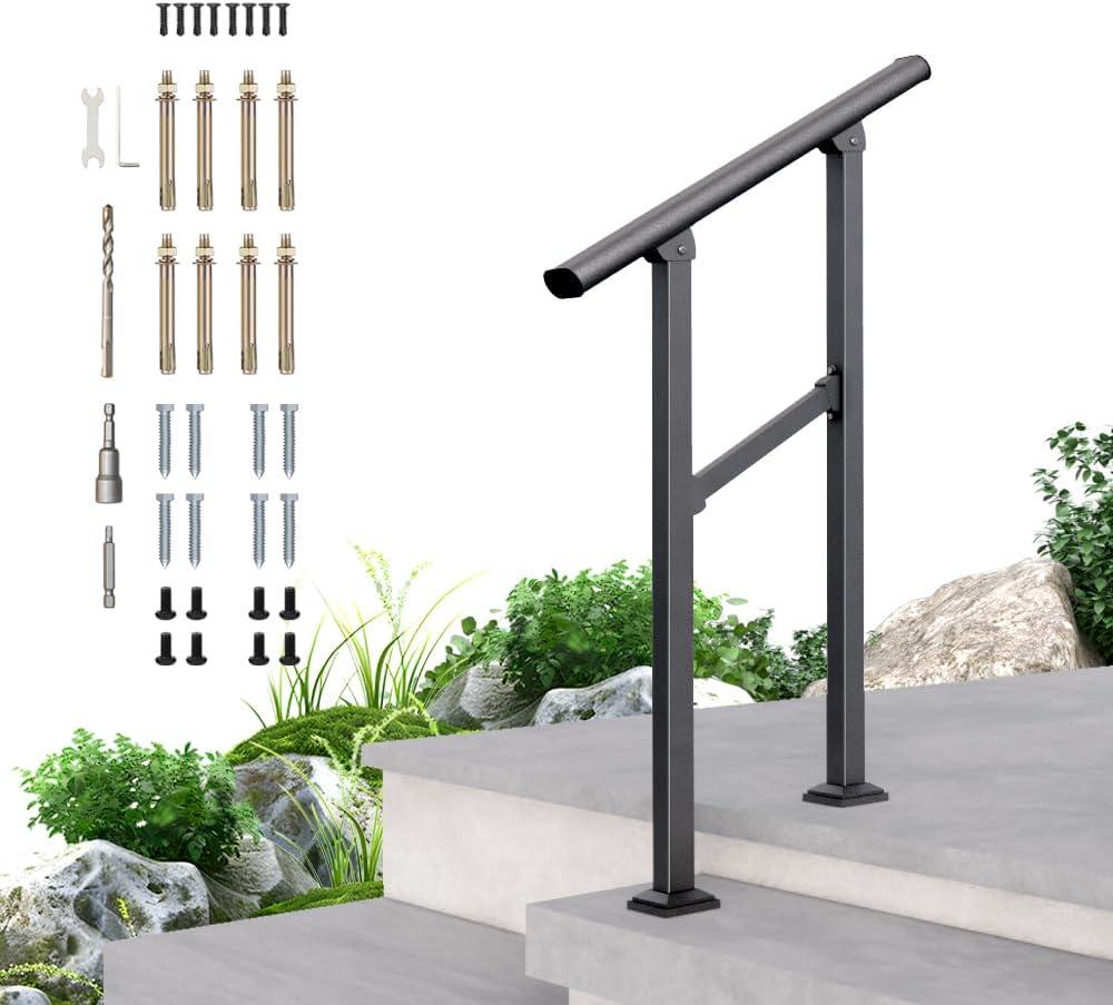 DIYHD 2 Step Handrail, Black Iron Stair Railing, Outdoor Indoor, 1 Pack