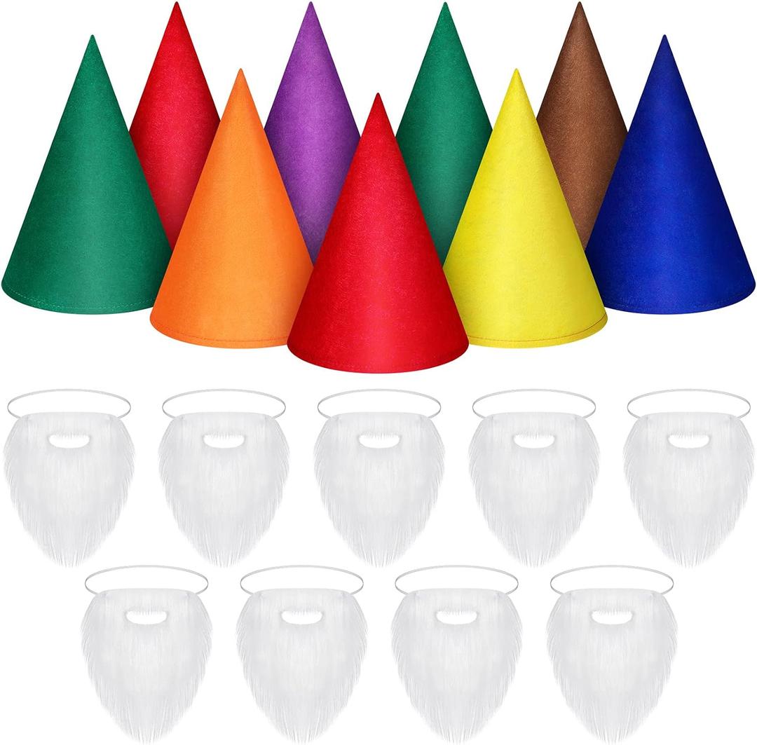 SATINIOR 18 Pcs Gnome Hats and Beards, Christmas Felt Dwarf Hats Fake Beards Set Crayon Headband Cone Caps for Adults Fairy Gnome Group Christmas Garden Costumes Party Cosplay Accessories Multicolor
