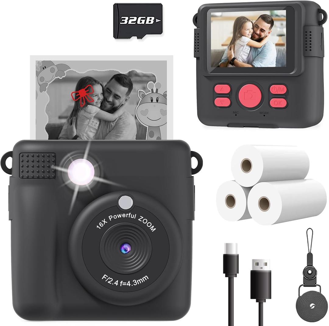 ESOXOFFORE Kids Camera Instant Print, Christmas Birthday Gifts for Kids Age 3-12, Selfie Digital Camera with 1080P Videos,Toddler Portable Travel Cameras Toy for 4 5 6 7 8 9 Year Old Boys Black