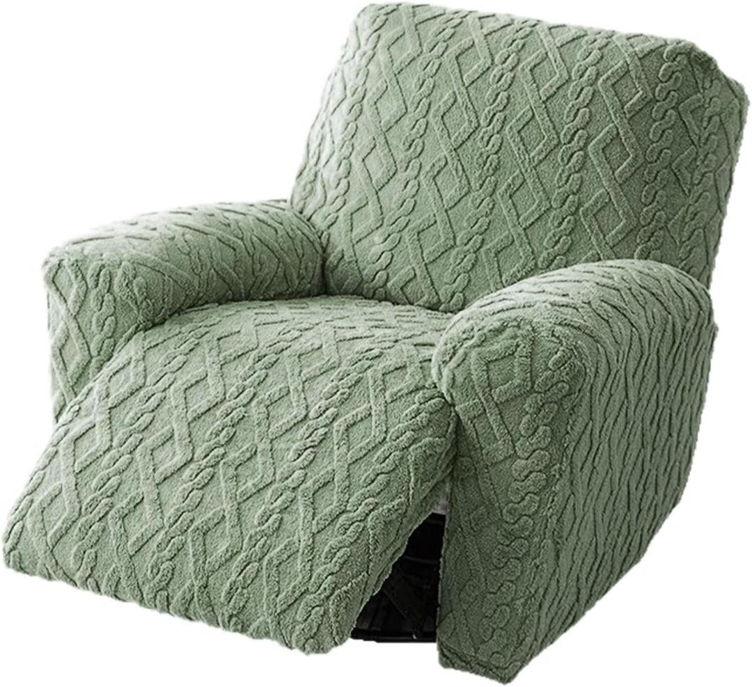 Recliner Chair Covers 4-Pieces, Soft Stretchable Slipcovers with Elastic Straps, Oversized Plush Furniture Protector, Green, Storage Pocket on Arm Cover