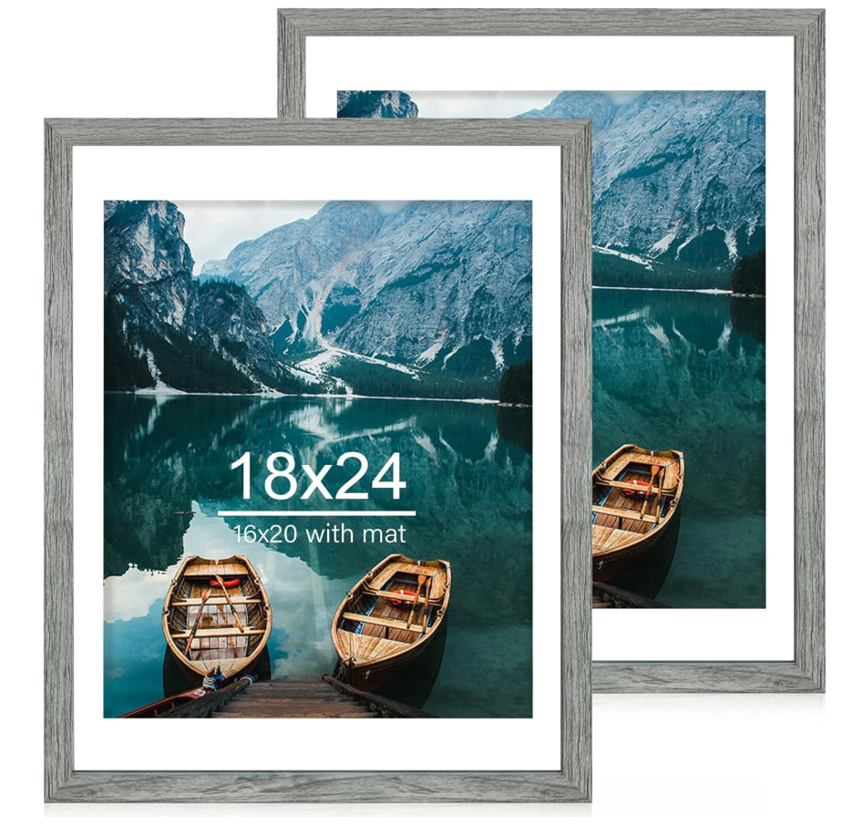 Hongkee 18x24 Frame, Rustic Grey Wood Style - Display Posters 16 x 20 with Mat or 18x24 without Mat, Wall Mounting Horizontal and Vertical, 1 Pack