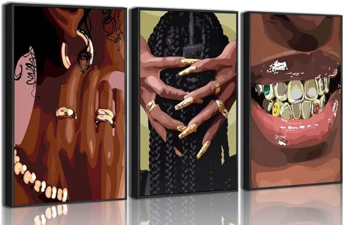 3 Pcs African American Woman Canvas Wall Art Fashion Bracelets Earrings Necklaces Gold Teeth Pictures Wall Decor Wine Trend Bar Cart Poster Print Artwork for Woman Bedroom Girl Room Home Decor
