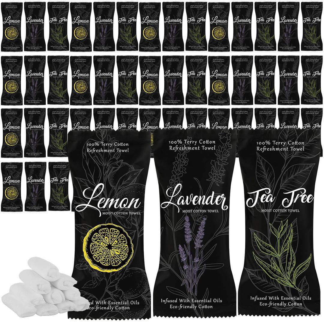 240 Pcs Moist Cotton Towel Moist Towelettes Individually Wrapped Scent Disposable Face Towel 8.6'' x 8.6'' Hot/Cold Moistened Cleansing Wipes, Lemon Tea Tree and Lavender Scent (Black)