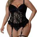 FANCMISTERY Plus Size Lingerie for Curvy Women Lace Corset with Adjustable Straps and Garter Details Sleepwear XXL