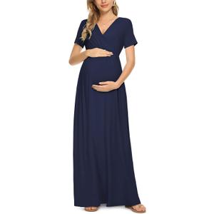 Xpenyo Maternity Maxi Dress Women Casual Wrap Long Baby Shower Pregnancy Dresses (Blue, XXL)