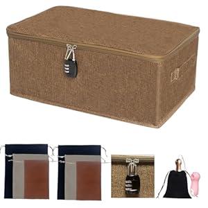 Lockable Adult Toy Storage Organizer Lock Box Toy Bags Container Case with 6 Drawstring Bags 3 Sizes, Large capacity 15 x 10 x 6.3 Inches (Dark Brown)