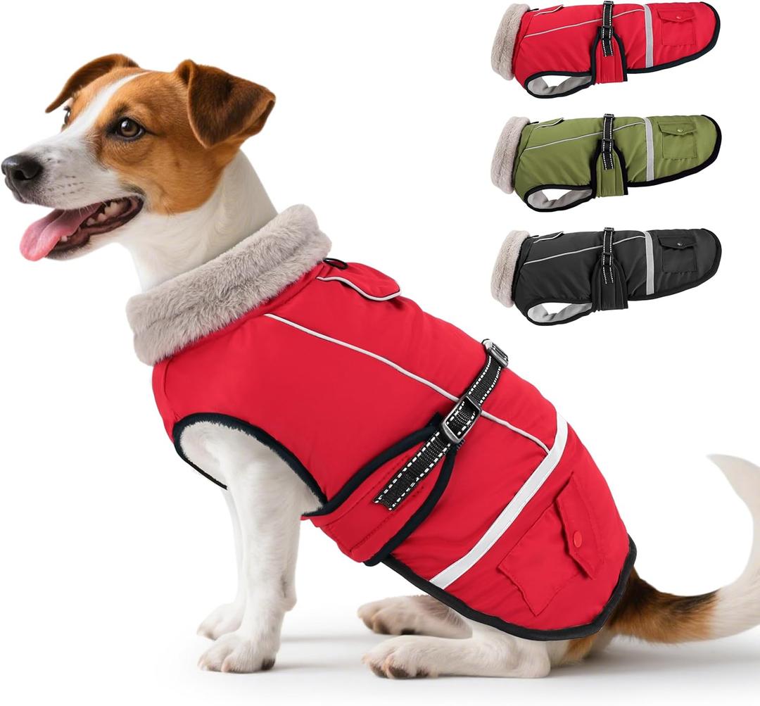 Dog Coat, Warm Dog Winter Coat Reflective Jacket Waterproof Fleece Vest, Pet Jacket Cozy for Cold Weather, Dogs Snowsuit Windproof, Adjustable Buckle for Large Dogs (Red)
