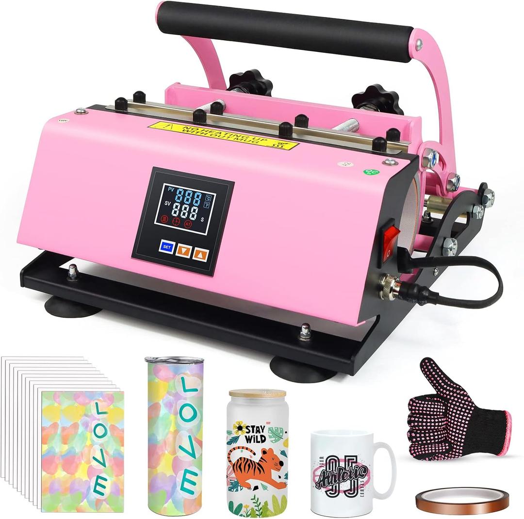 Realkant Tumbler Heat Press Machine, 110V Tumbler Press for 20OZ 30OZ Sublimation Skinny Straight Tumblers Glass Jar & 11-15OZ Mugs, Mug Tumbler Press with 20pcs Paper Heat Tape Gloves As Gift (Pink)