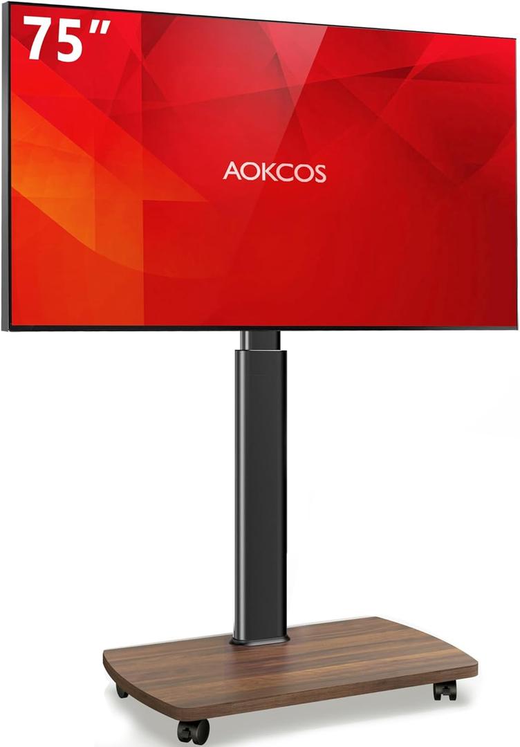 AOKCOS Rolling TV Stand for 43 50 55 60 65 70 75 Inch TVs, Portable Mobile TV Stand on Wheels, 10-Level Height Adjustable TV Cart with Swivel & Tilt Mount for Bedroom/Living Room/Office/Corner