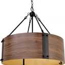 Chandelier Lighting Fixture, 4-Light, Black Walnut Wood Metal Drum Shade, Rustic Industrial Iron Pendant for Kitchen Island Living Dining Room Over Table, 23" W x 21.5" H
