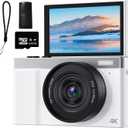 4K Digital Camera, 64MP Vlogging Camera for Photography with 3" 180 Flip Screen, 16X Compact Digital Camera with 64GB Micro SD Card for Beginner (White)
