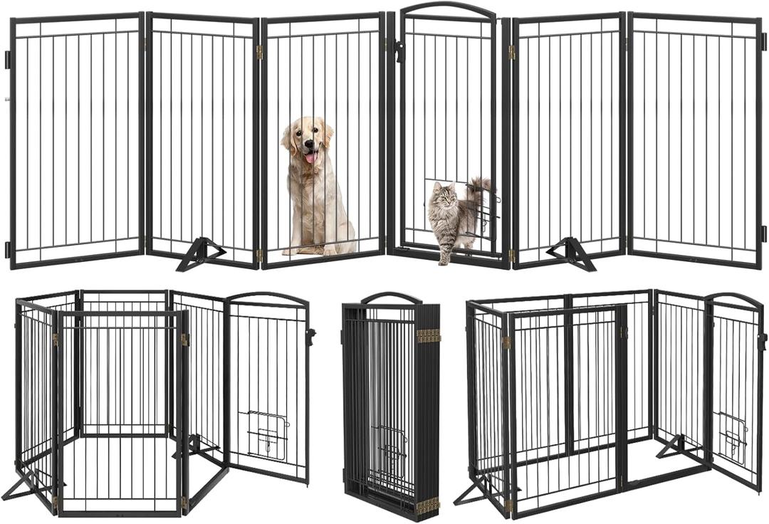 Metal Freestanding Dog Gate with Cat Door for Indoor&Outdoor,120" Extra Wide Foldable Pet Gate,36" Tall Foldable Indoor Dog Fence for Wide Openings Stairs,Deck,Yard,Doorways(6 Panels, Black)