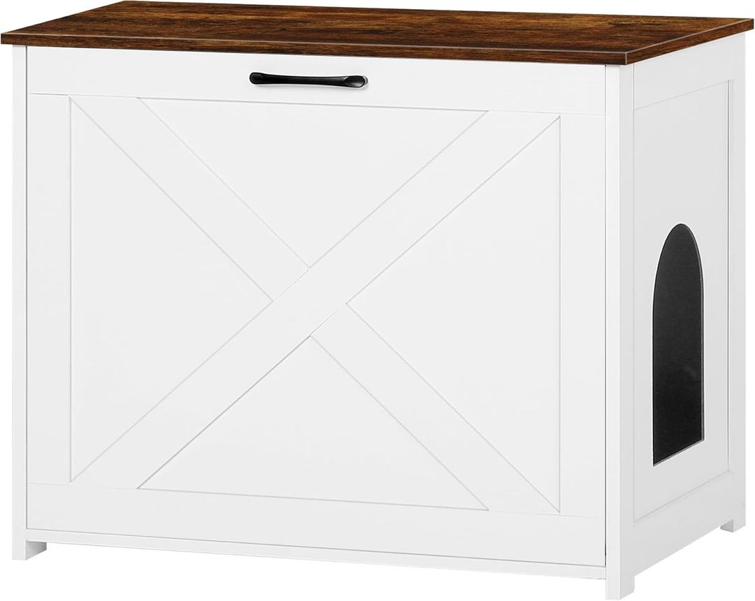 Dwanton Cat Litter Box Furniture Hidden, Cat Litter Box Enclosure, Reversible Entrance Can Be on Left or Right Side, Indoor Cabinet, Wooden Washroom, End Table, White and Rustic Brown, 27.6" L