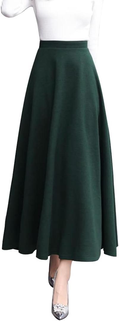 Women's Winter Fall Wool Skirt Plaid Elegant High Waist Elastic A-line Long Skirts (Dark Green 8011)