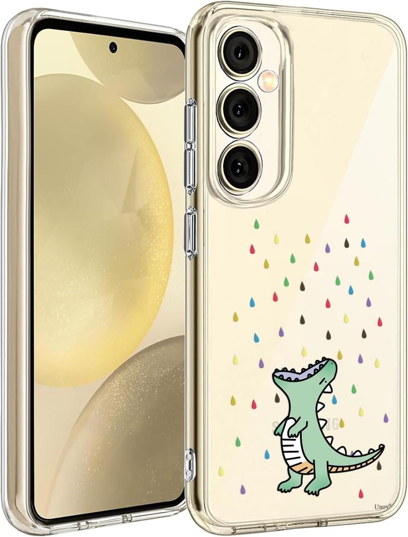 Unov Case for Galaxy S25 Plus Galaxy S24 Plus Case Clear with Design Soft TPU Shock Absorption Slim Embossed Pattern Protective Back Cover 6.7 inch (Rainbow Dinosaur)