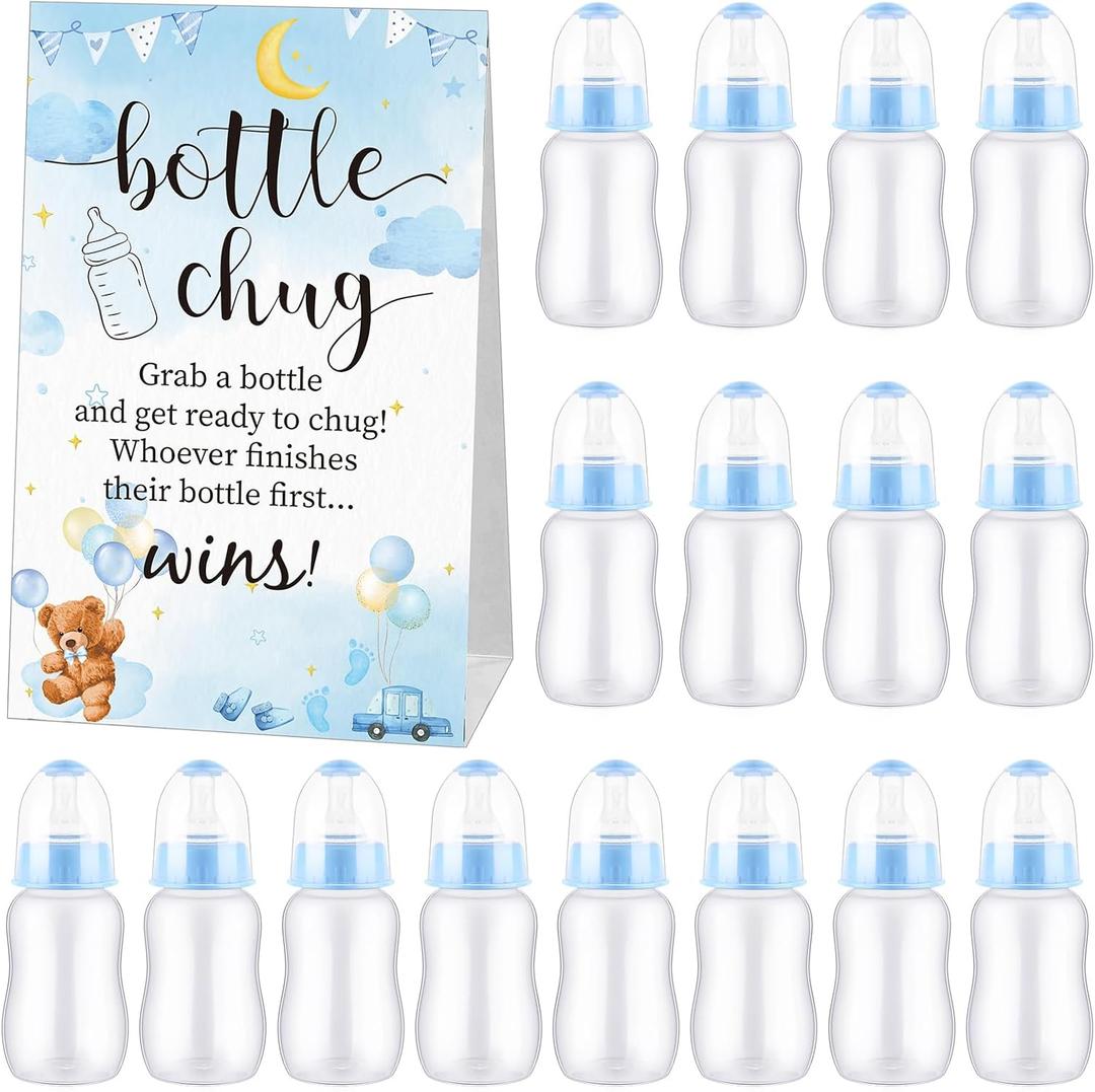 TrelaCo Bottle Chug Baby Shower Game 20 Pcs Baby Bottles Shower Favor with 1 Cute Bear Theme Sign for Gender Reveal Party Supplies Gifts(Blue)