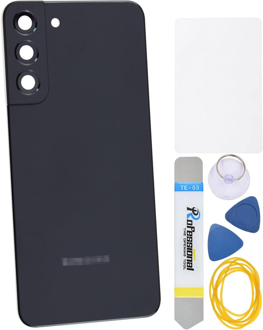 Black Acrylic Glass Back Panel Cover Replacement for Samsung Galaxy S22 Plus 5G S22+ 5G SM-S906B with Rear Camera's Frame and Glass Cover Pre Cut Adhesive and Installation Instruction Tool Kit