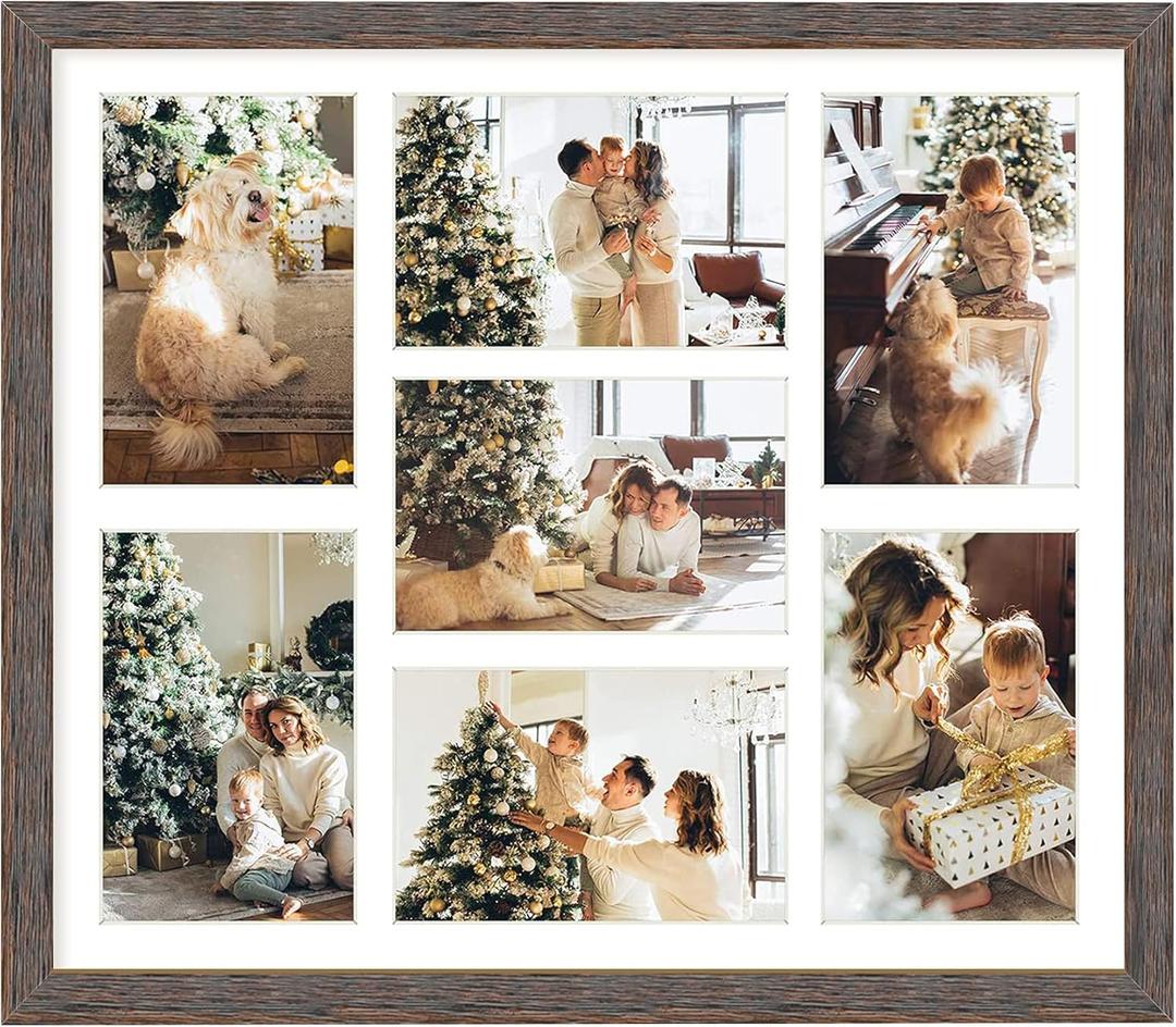 Golden State Art, 13.7x15.7 Distressed Brown Wood Collage Frame - White Mat - Displays Seven 4x6 Photos - Real Glass, Sawtooth Hanger, Swivel Tabs - Wall Mounting, Landscape, Portrait