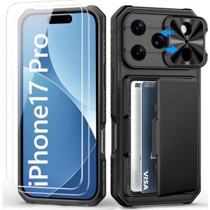 for iPhone 17 Pro Case Wallet with Screen Protector (Tempered Glass), Card Holder (4-5 Cards), Slide Camera Cover, Military Grade Drop, Heavy Duty Men Women Case for iPhone 17 Pro, Black