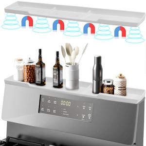 Silicone Magnetic Stove Shelf For Back Of Stove - Over The Stove Shelf, Magnetic Stove Top Shelf, Over The Stove Spice Rack, Oven Shelf For Top Of Stove, Heat Resistant, Includes 6 Extra Plates, White