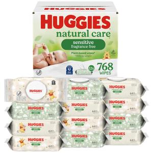 Huggies Natural Care Sensitive Baby Wipes, Unscented, Hypoallergenic, 99% Purified Water, 12 Flip-Top Packs (768 Wipes Total), 