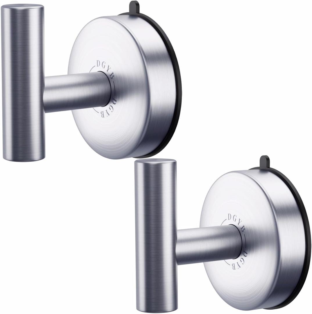 DGYB Large Suction Cup Hooks for Shower Set of 2 Brushed Nickel Towel Hooks for Bathrooms Stainless Steel Suction Shower Hooks for Inside Shower 15 Lb Removable Wall Hooks for Hanging Heavy Duty