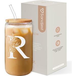 SANDJEST Monogrammed Gifts for Women - Monogram R Initial Glass Cup 16 Oz Can Coffee Cups with Lid and Straw - Monogram Initials Gifts for Womens on Birthday