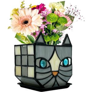 Unique Stained Glass Gray Cat Planter, Plant Pots Indoor,Indoor Flower Pots with Drainage,Window Sill Cat Decoration Gift,4.6x5.15x3IN (Grey-white)