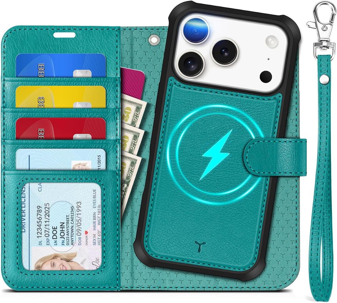 TUCCH Detachable Case Wallet for iPhone 17 Pro (6.3") 2025, Wrist Strap | 4 Card Slots RFID Blocking | Wireless Charging | Stand | 2-in-1 Magnetic | PU Leather | Shockproof Folio Cover | Cyan