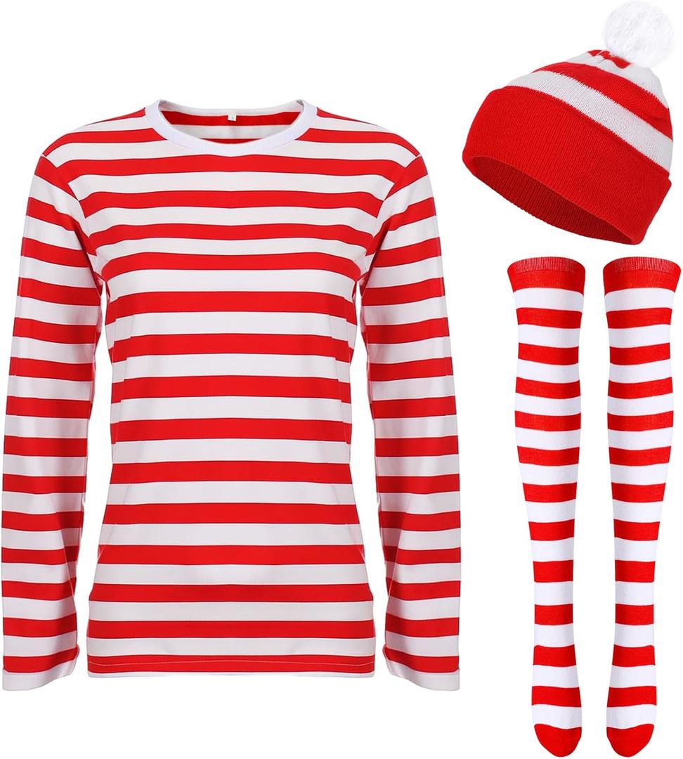 Haysandy Halloween Costume Set Striped Cosplay Shirt Hat Sock for Christmas Party Outfit (Large, Red White)