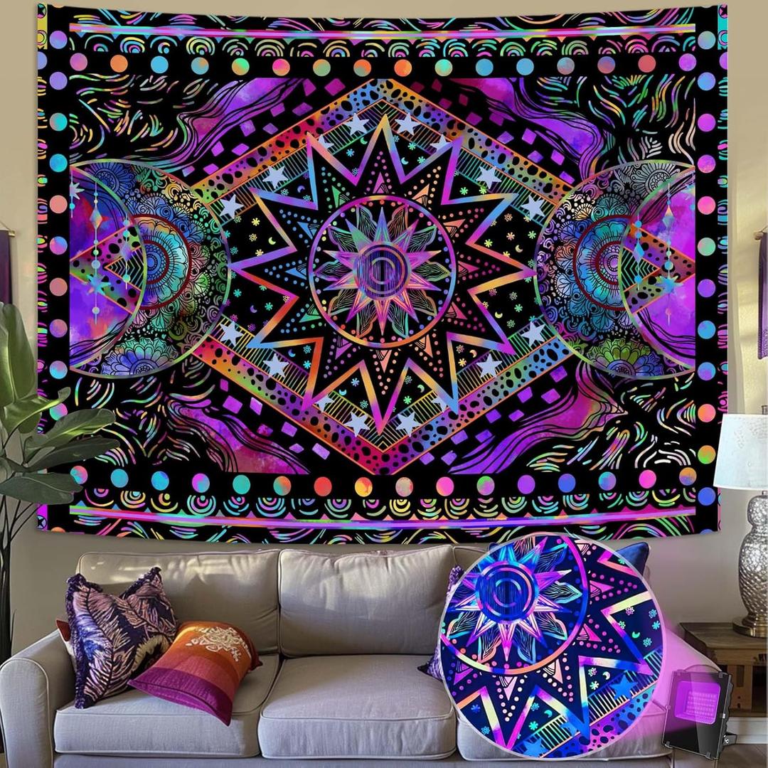 Blacklight Sun and Moon Tapestry Glow in The Dark Neon Hippie Bohemian Tapestries for Bedroom Aesthetic UV Reactive Purple Celestial Tie Dye Tapestry Wall Hanging for Living Room Dorm (60''  44'')