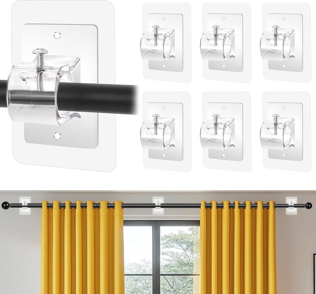6PCS Self Adhesive Curtain Rod Holder No Drilling,No Drill Curtain Rod Brackets,Renter Friendly Draper Rod Hook,Nail Free Adjustable Non Screw Drapery Pole for Apartment Window Wall Door Ceiling Mount