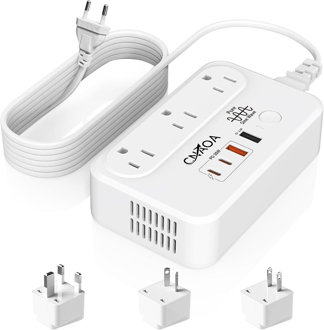 220V to 110V Voltage Converter, 350W Pure Sine Wave Voltage Converter US to Europe with 35W PD 2 Type C Port 2 USB A Port, International Power Converter Combo Plug for International Travel White