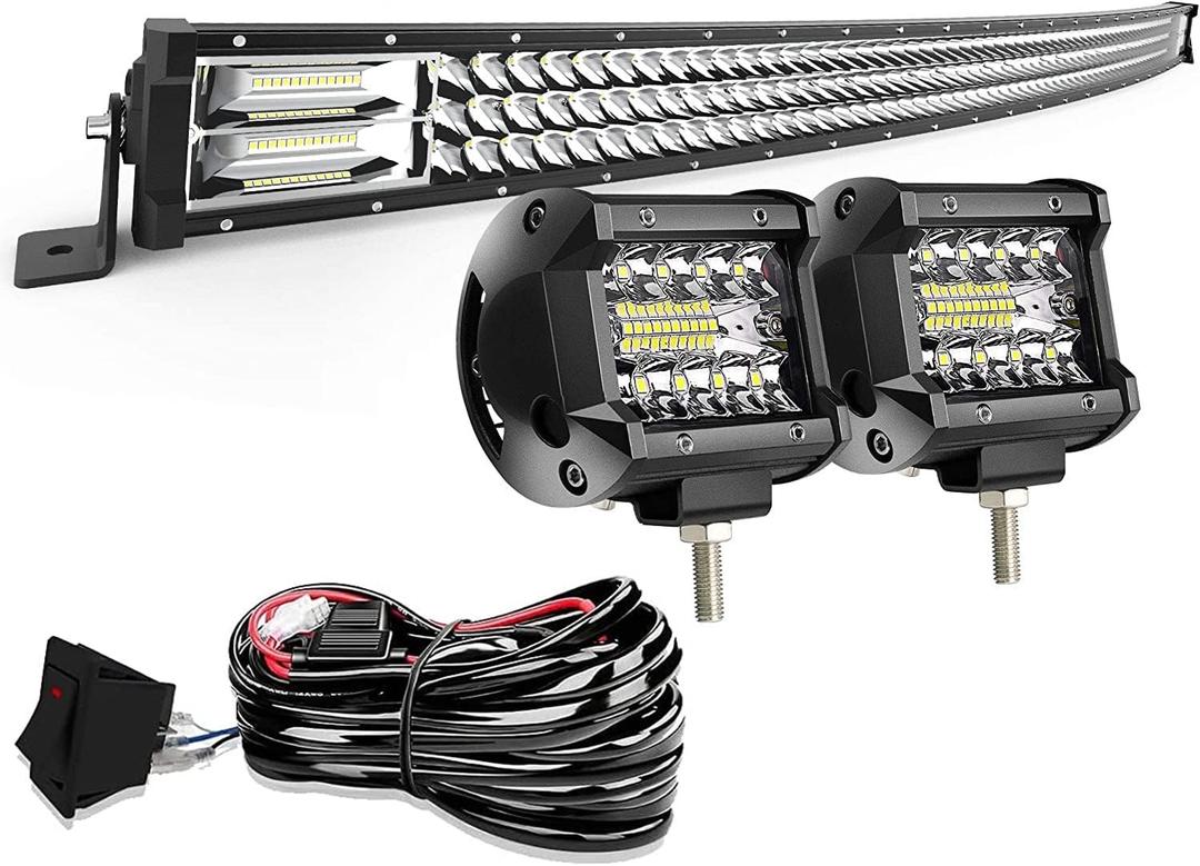 LED Light Bar AUSI 50" Curved 684W Triple Row Light Bars + 2PCS 4in 60W LED Pods Off Road Driving Fog Lights with Rocker Switch Wiring Harness Kit for Trucks Polaris ATV SUV Boat Lighting