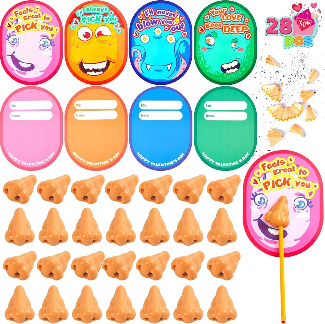JOYIN 28 pcs I Pick Your Nose Pencil and Sharpener with Valentines Greeting Cards for Kids Party Favor, Classroom Exchange Prizes