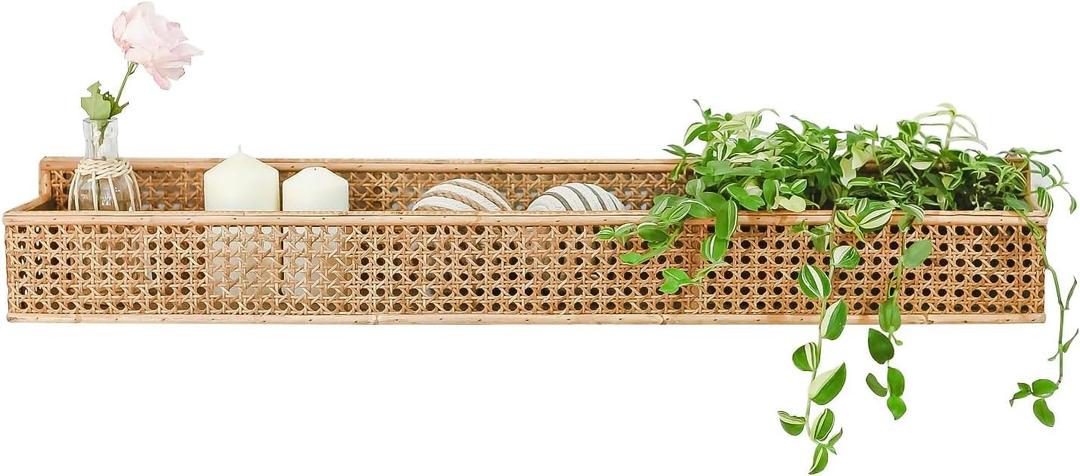 Boho Long Rattan Wall Shelf Farmhouse Woven Wall Mounted Shelf Basket Organizer Storage Rustic Floating Hanging Wall Shelf for Livingroom Home Decor