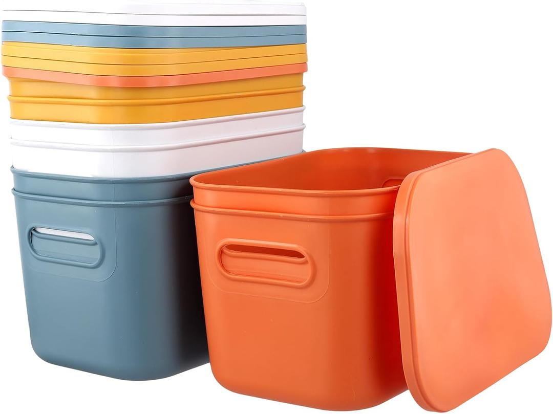 HOZEON 8 Pack Colored Plastic Storage Bins with Lids and Handle, Stackable Colorful Cupboard Organiser Pantry Storage Boxes for Shelves, Drawers, Bathroom, 10 x 7 x 6 Inch