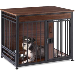 Amazon Basics Furniture Style Dog Crate, Sturdy Wooden Pet Kennel, End Table with Space for Pet, Two Bowls Included, 30" x 20.4" x 23.6", Walnut