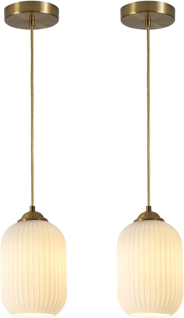 Milk Glass Cylinder Pendant Lights Kitchen Island Small Ribbed Hanging Light Brass Gold Pendant Lighting Fixtures Mid Century Modern Vintage Hanging Lamp (2 Pack)