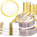 Liacere 350PCS Clear Gold Plastic Plates for 50 Guests Dinnerware Include 100 disposable Plates 150 Gold Silverware 50Napkins for Party & Wedding & New Year & Christmas