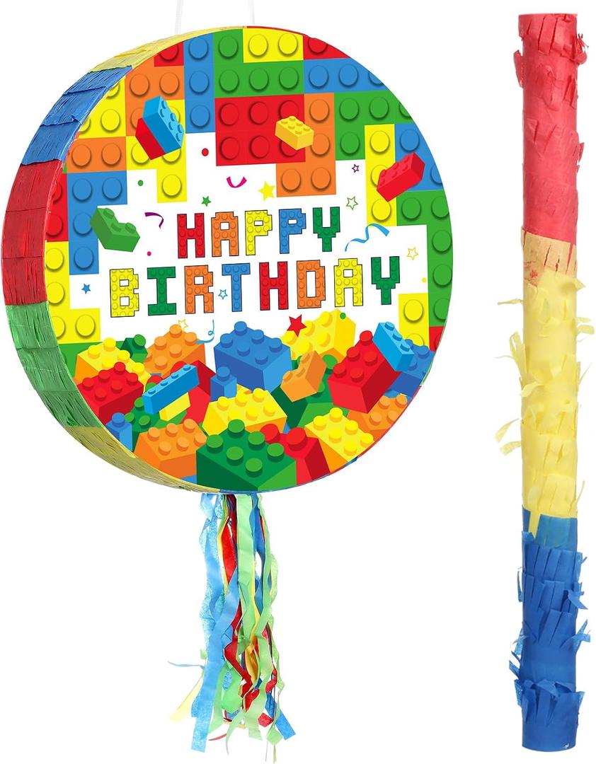 Jexine Block Piñata Set, Birthday Building Piñata with Blindfold Bat Stick