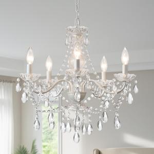 AMZASA Crystal White Chandelier, Ceramic White Hanging Pendant Light,Crystals Pendant and Glass Dish,5 Light Crystal Chandeliers for Ceiling Medallions,Wedding,Dining,Kitchen, Foyer,Mini (Not plug-in WH)