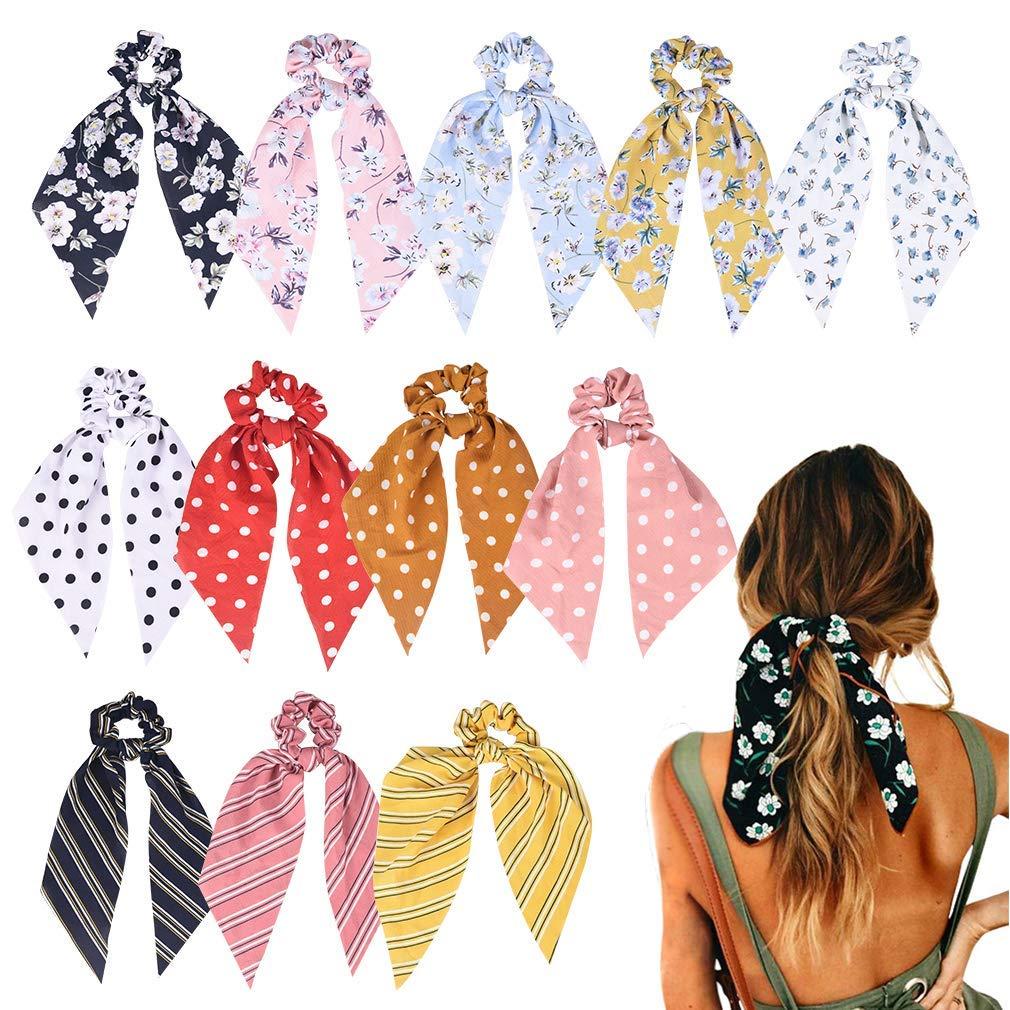 12 Pcs Hair Bow Scrunchies Ribbons for Women Girls Silk Hair Ties Scarf Hair Scrunchies Floral Hair Bands Ponytail Holder