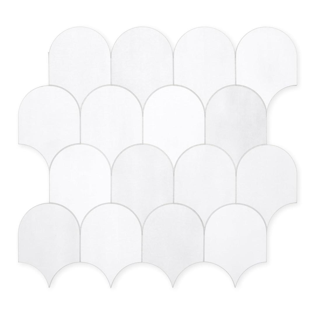 SUNWINGS 10-Sheet Fish Scale Peel and Stick Backsplash Tile, 11.4'' x 10.9" Stone Composite Scallop Handmade Looks Self-Adhesive Wall Tiles for Kitchen Bathroom, White Mixed